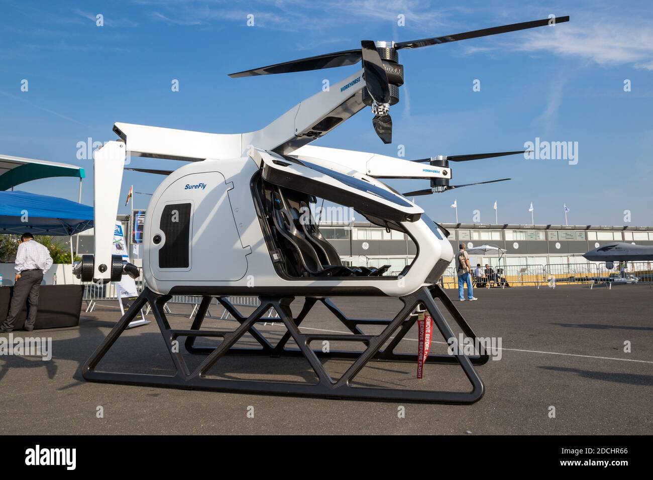 Workhorse SureFly two-seat hybrid eVTOL aircraft on display at the Paris Air Show. France - June 22, 2017 Stock Photo