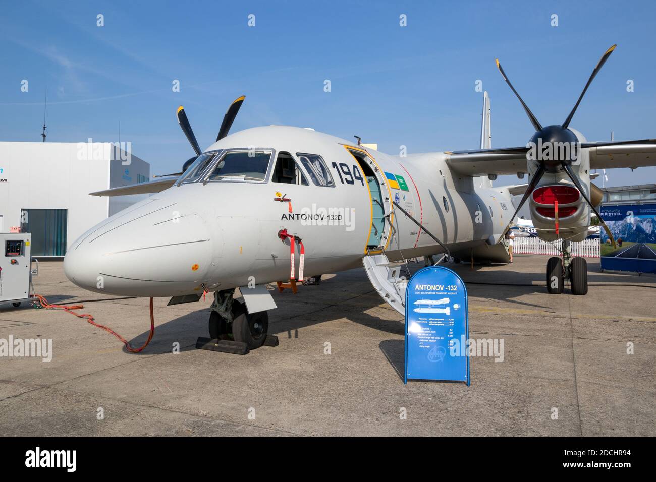 Antonov An-132D military transport aircraft. An improved version of the An-32 developed jointly by Saudi Arabia and Ukraine. PARIS, FRANCE - JUN 23, 2 Stock Photo