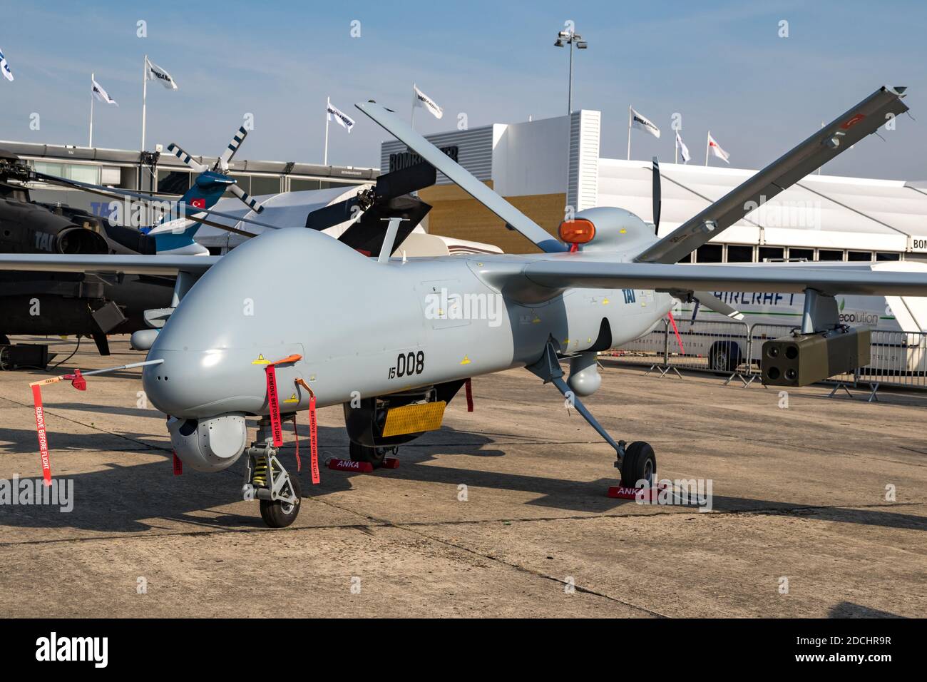 TAI Anka UAV developed by Turkish Aerospace Industries (TAI) on display at the Paris Air Show. France - June 22, 2017 Stock Photo