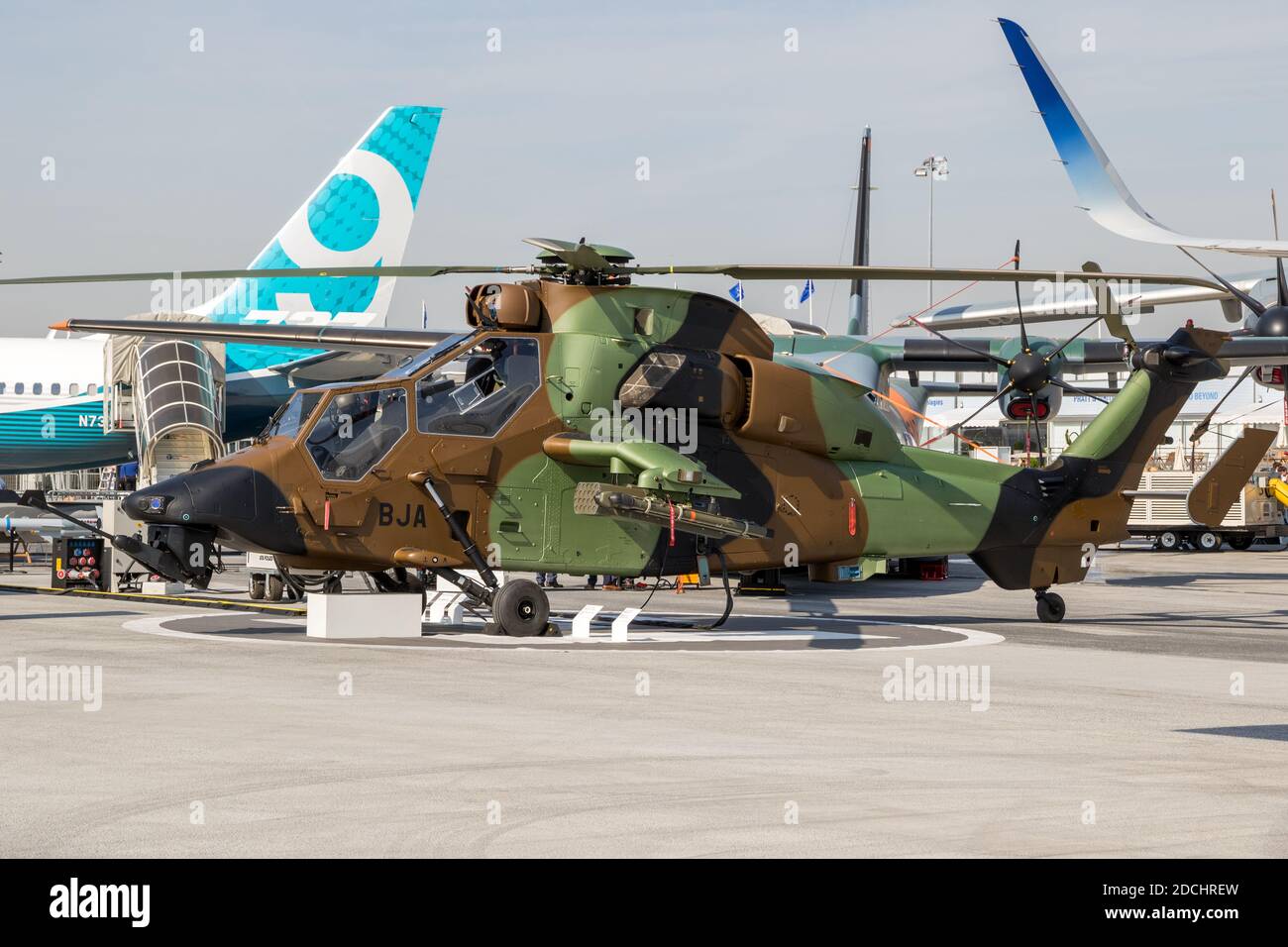 French Army Eurocopter (Airbus) Tiger military attack helicopter on display at the Paris Air Show. France - June 22, 2017 Stock Photo