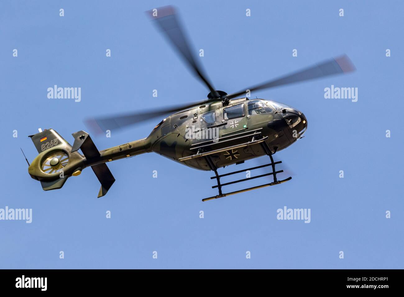 German Army Airbus H135 military utility helicopter in flight over Wunstorf Airbase. Germany - June 9, 2018 Stock Photo