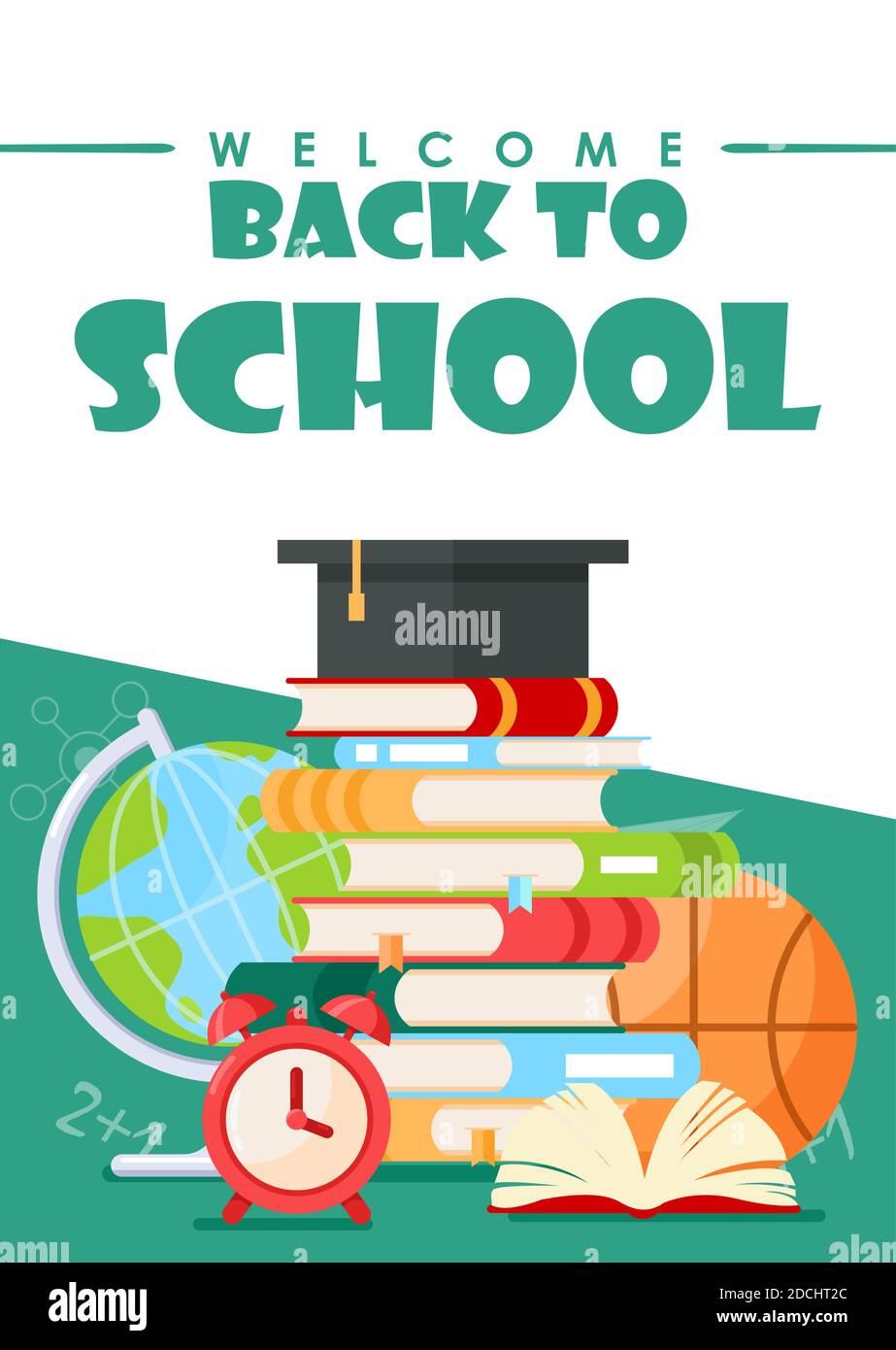 Back to school lettering vector illustration. Cartoon flat stationery, tools supplies and accessories for study in school, college or university Stock Vector