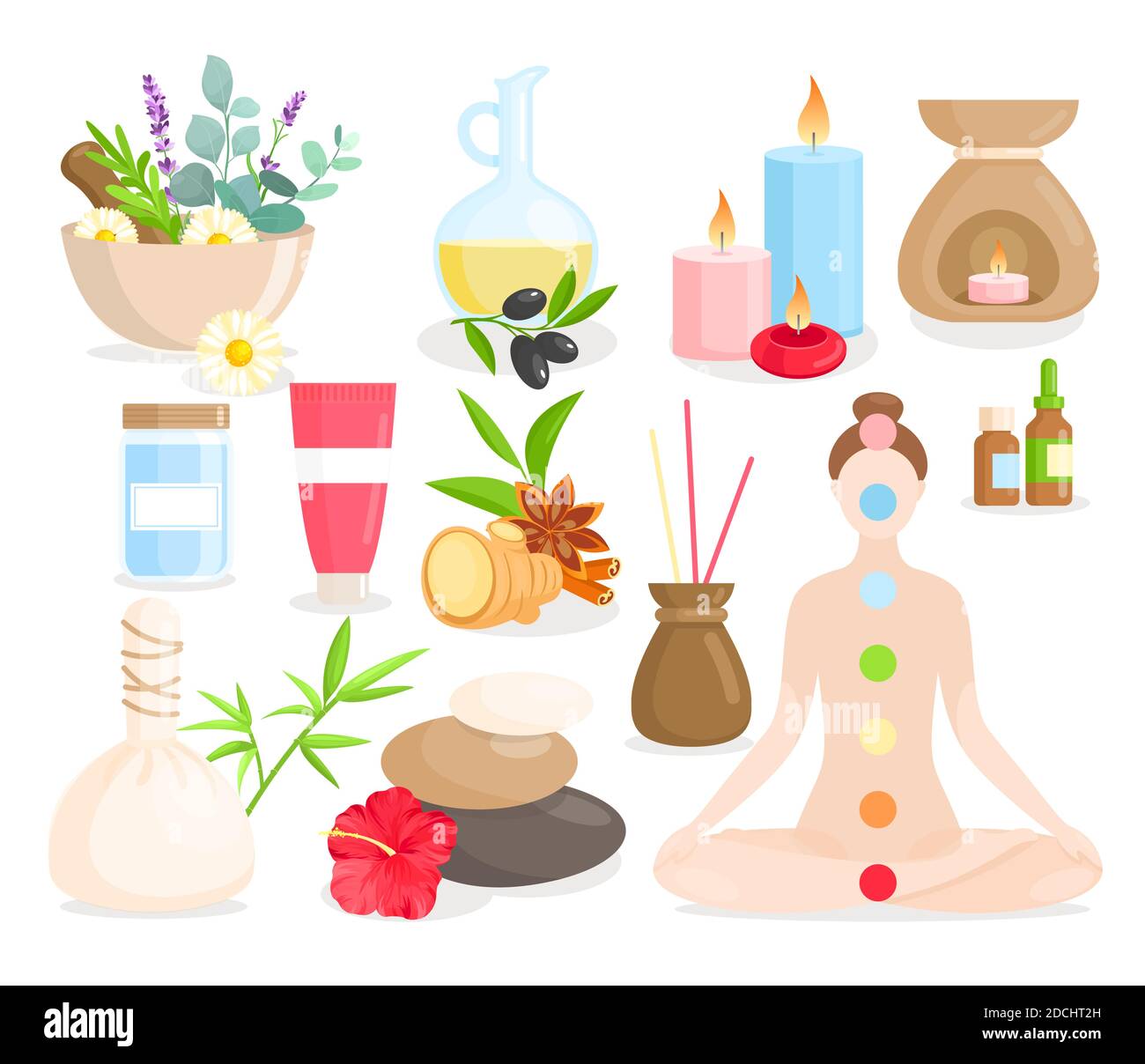 Ayurveda Medicine Cartoon Set Ayurvedic Collection With Body Care Items Natural Herbs Flowers Stock Vector Image Art Alamy