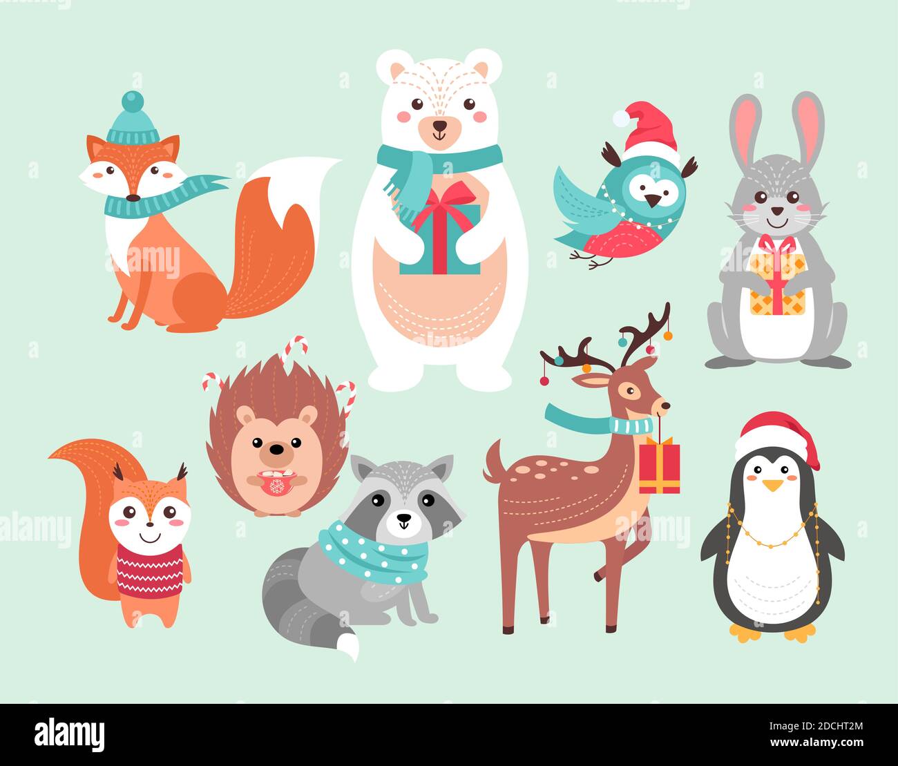 Christmas cute woodland animals vector illustration set. Funny forest xmas  animal characters holding gifts and hot drink mug, wearing scarf and red  Stock Vector Image & Art - Alamy