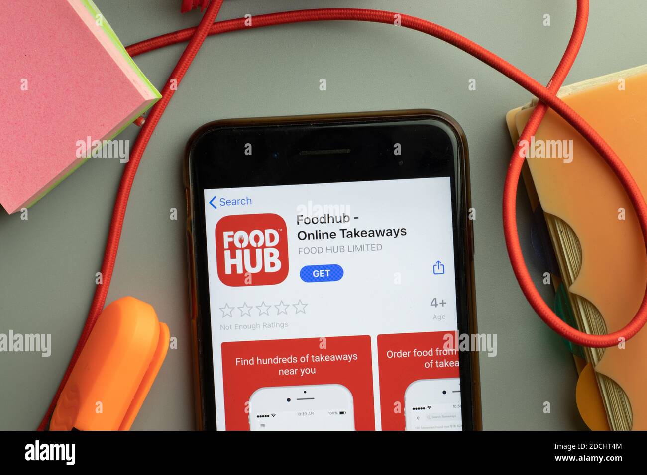 New York, United States - 7 November 2020: Foodhub Online Takeaways app store logo on phone screen, Illustrative Editorial. Stock Photo