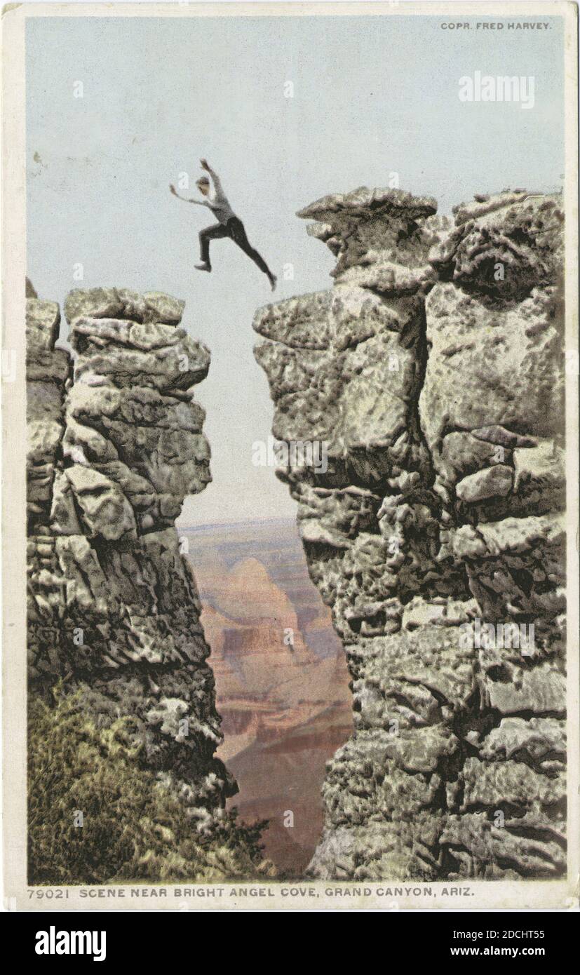 Daring Jump of a Forest Ranger, near Bright Angel Cove, Arizona, still image, Postcards, 1898 - 1931 Stock Photo