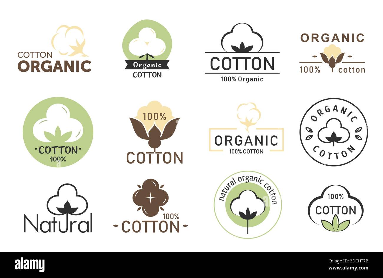 Vector illustration set of cotton logos, eco fabric, organic cotton logos collection isolated on white background. Stock Vector