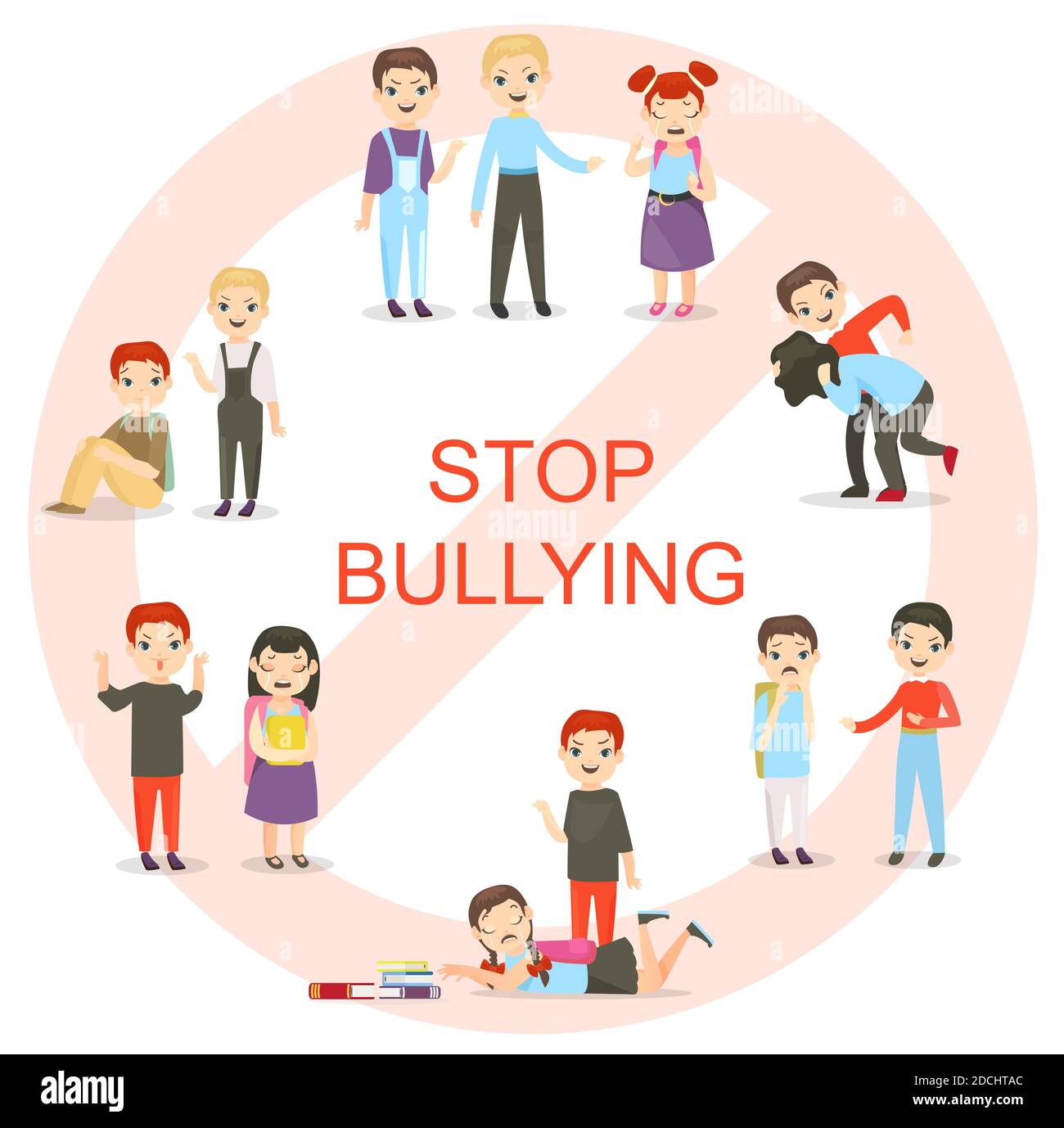 Vector illustration of kids bullying set. Collection of aggressive school children conflicts in flat style. Feminism, schoolchildren, teasing boy and Stock Vector