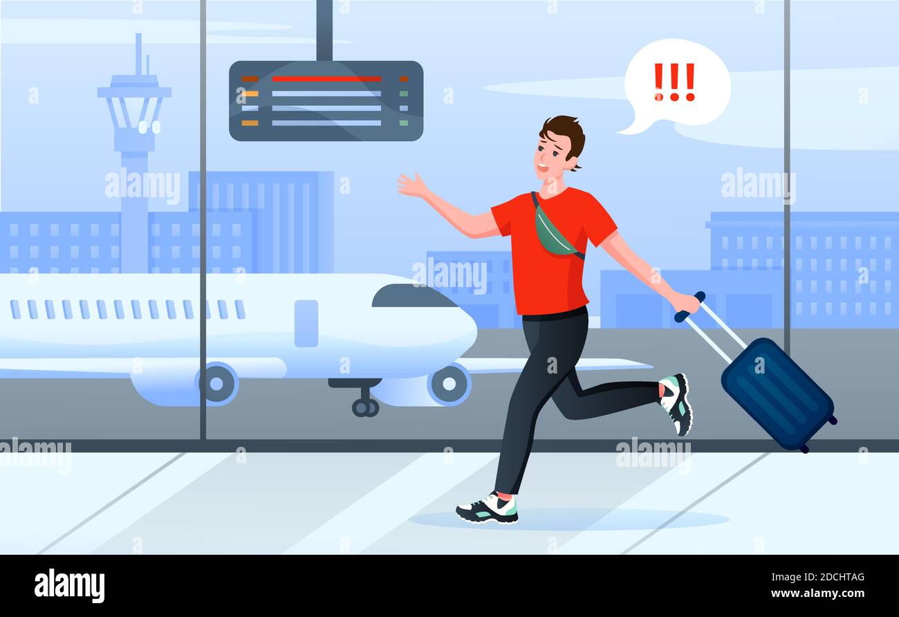 Late for plane, cartoon busy man tourist character with travel suitcase running through airport Stock Vector