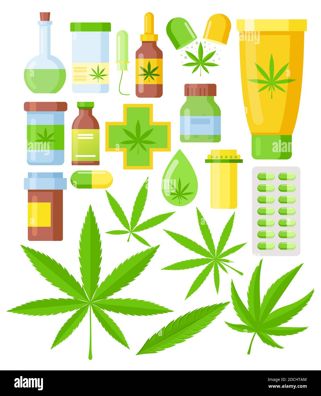 Vector illustration set of Cannabis medicine cartoon flat icons. medical marijuana set with hemp oil glass bottle, cannabis leaf isolated on white Stock Vector