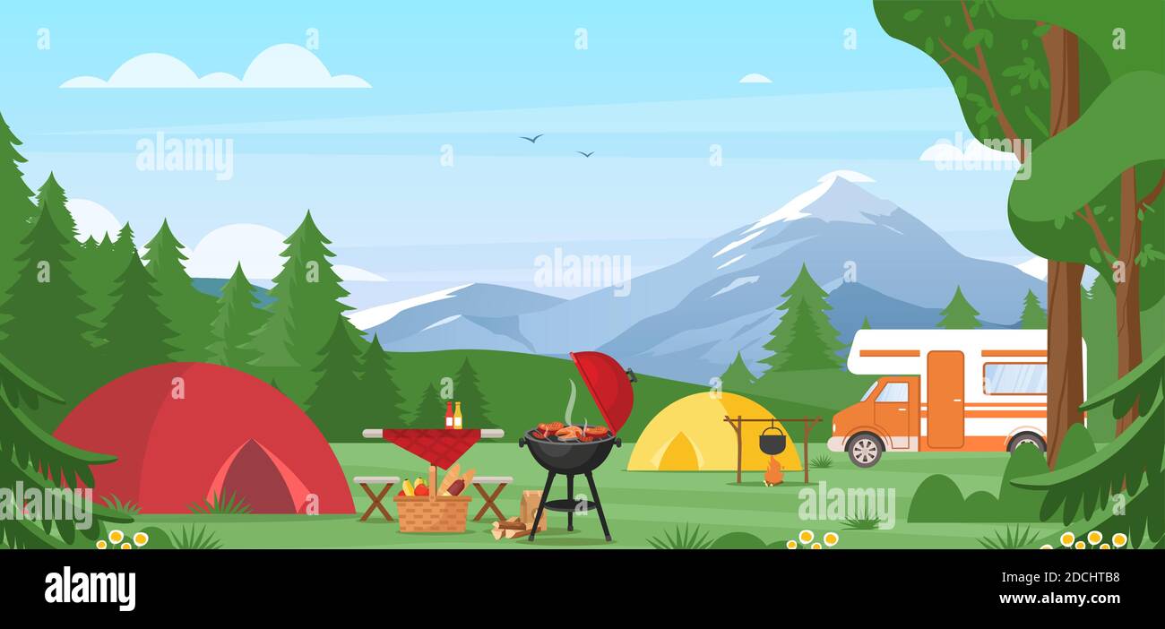 Summer camping vector illustration. Outdoor nature adventure, active  tourism in summertime background. Cartoon flat tourist camp with picnic  spot and Stock Vector Image & Art - Alamy