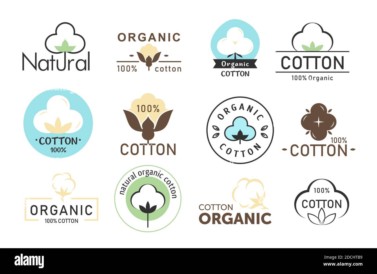 Vector illustration set of cotton logos, eco fabric, organic cotton logos collection isolated on white background. Stock Vector