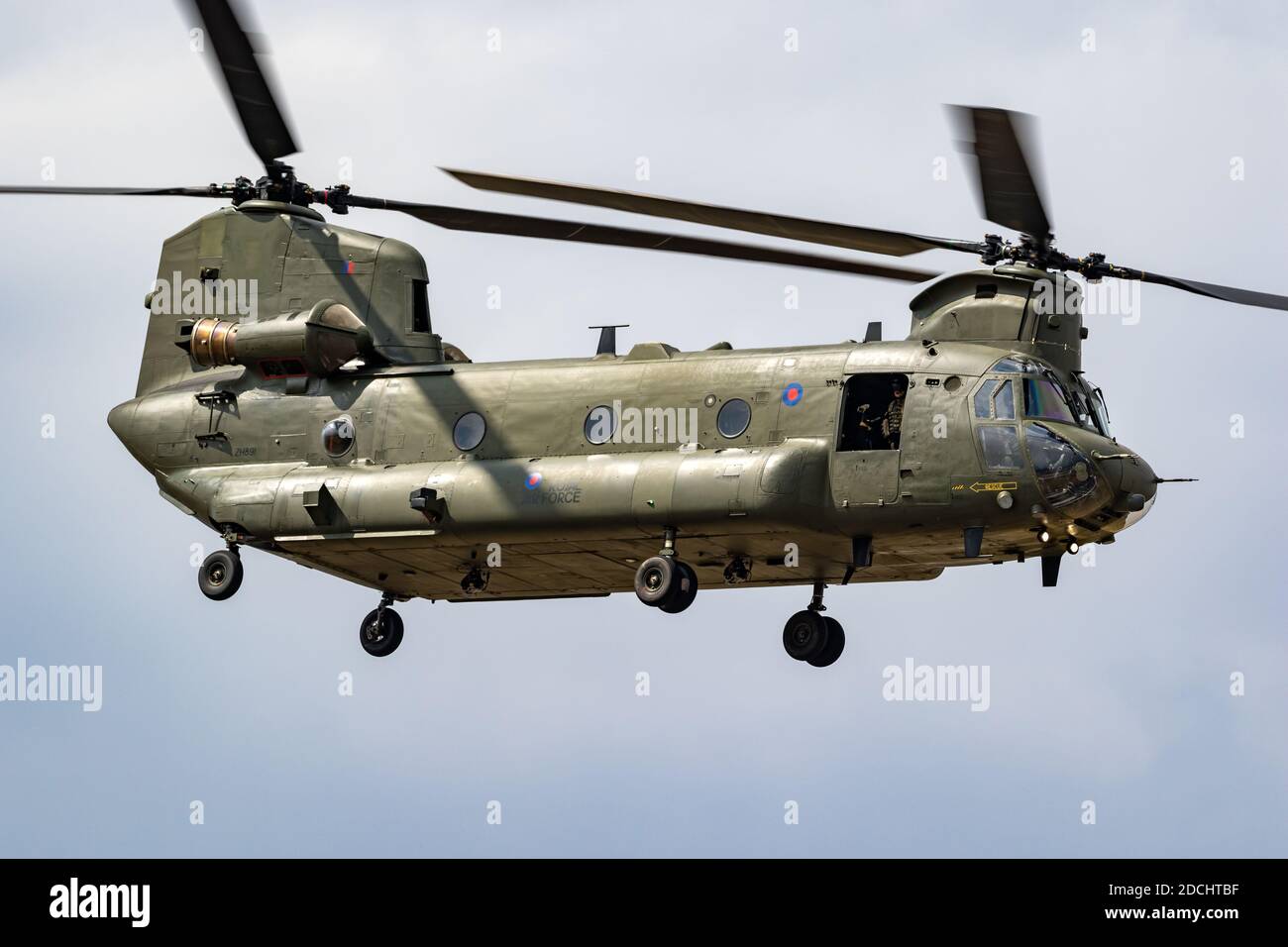 Royal Air Force CH-47 Chinook cargo helicopter in flight over RAF Fairford airbase. UK - July 13, 2018 Stock Photo