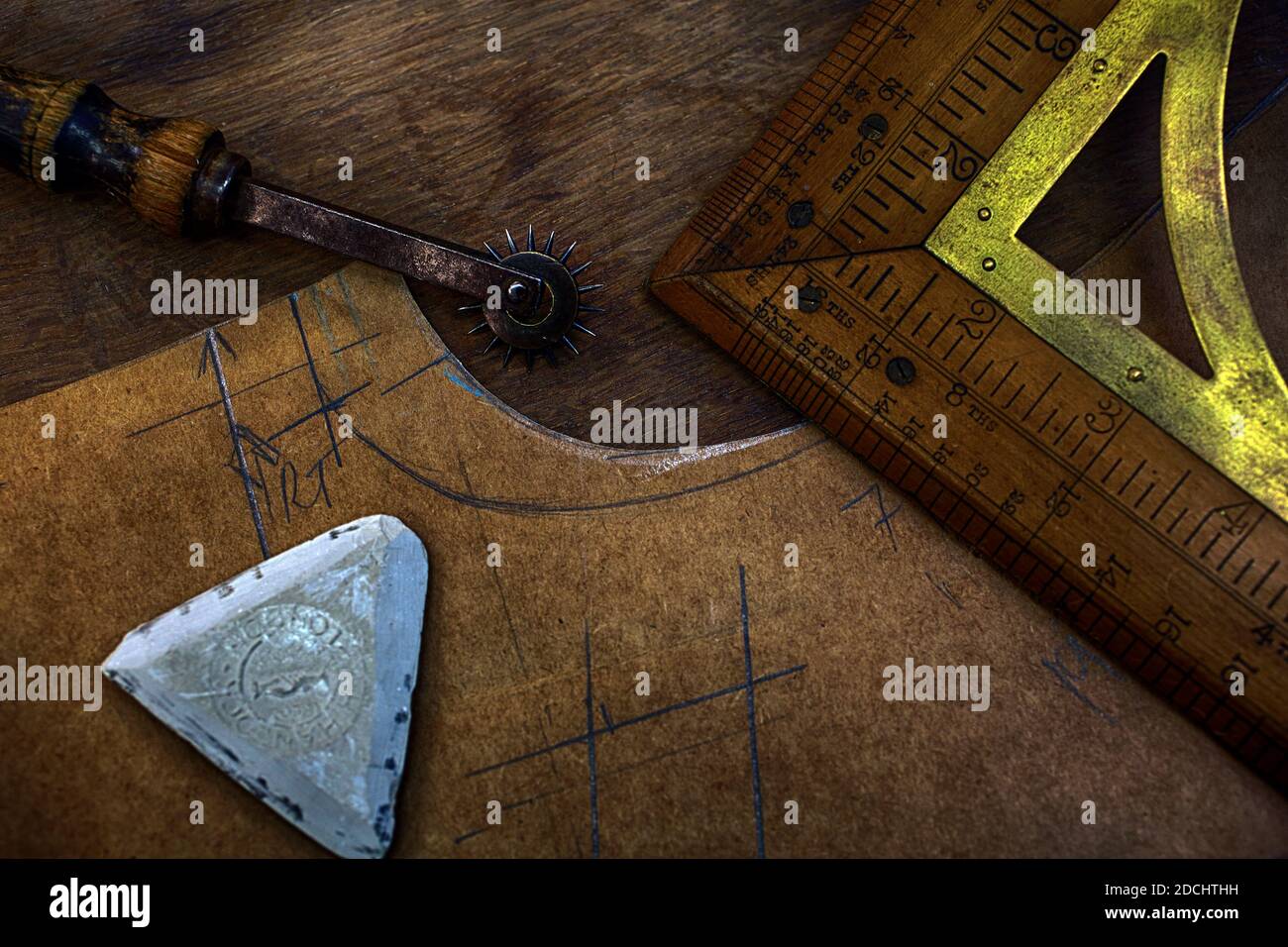 Savile Row Gieves & Hawkes / Tailor tools on wooden background. Stock Photo