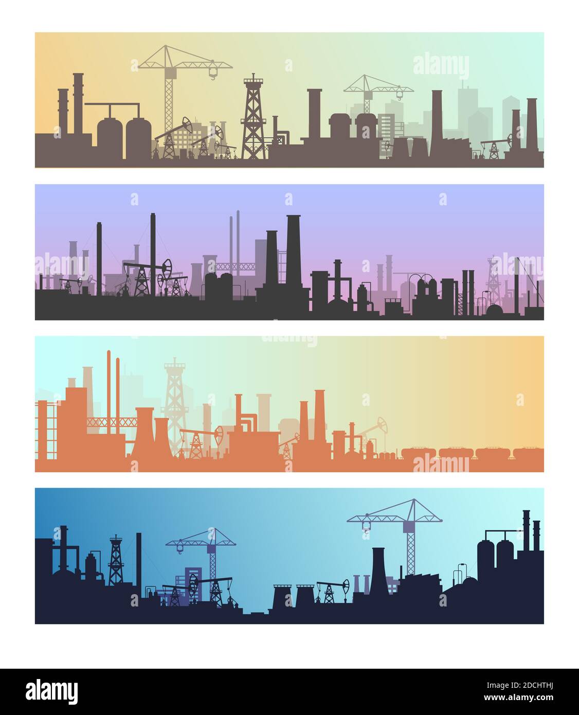 Manufacture industrial landscapes vector illustrations, cartoon flat urban refinery panorama skyline set, oil refinery industry silhouettes Stock Vector
