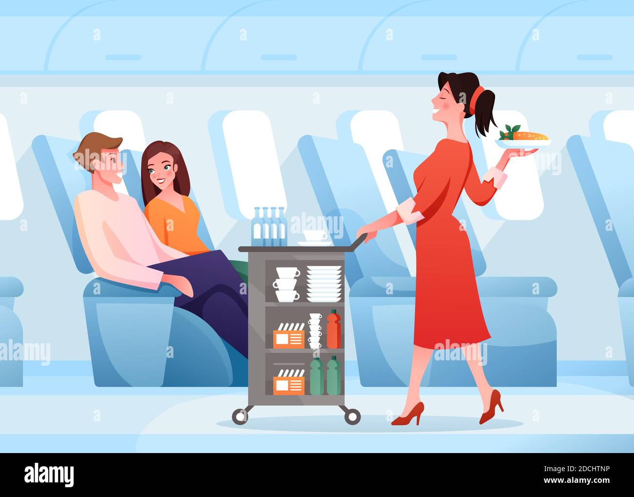 Hospitality service in airplane, cartoon stewardess working, serving passenger couple people Stock Vector