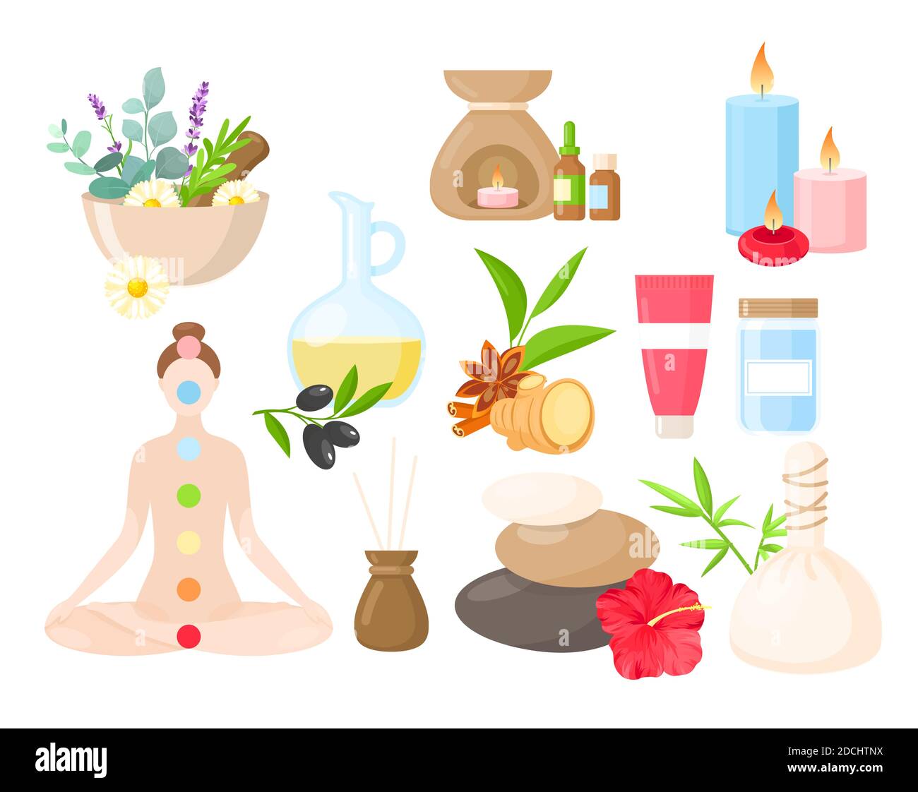 Ayurveda Medicine Cartoon Set Ayurvedic Collection With Body Care Items Natural Herbs Flowers Stock Vector Image Art Alamy