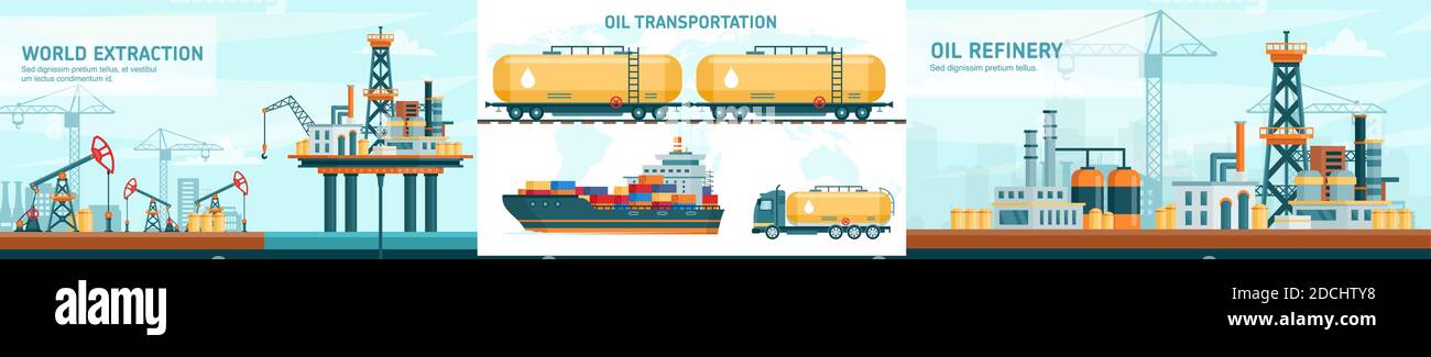 Oil gas industry technology flat vector illustrations with offshore crude extraction, transportation, refinery industrial production set Stock Vector