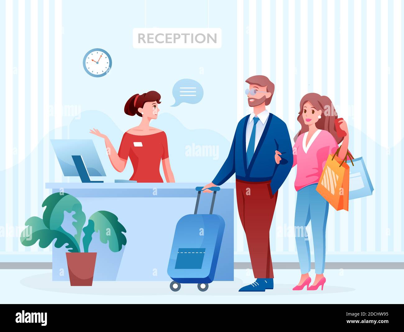 Hotel reception with people, receptionist registration desk Stock Vector