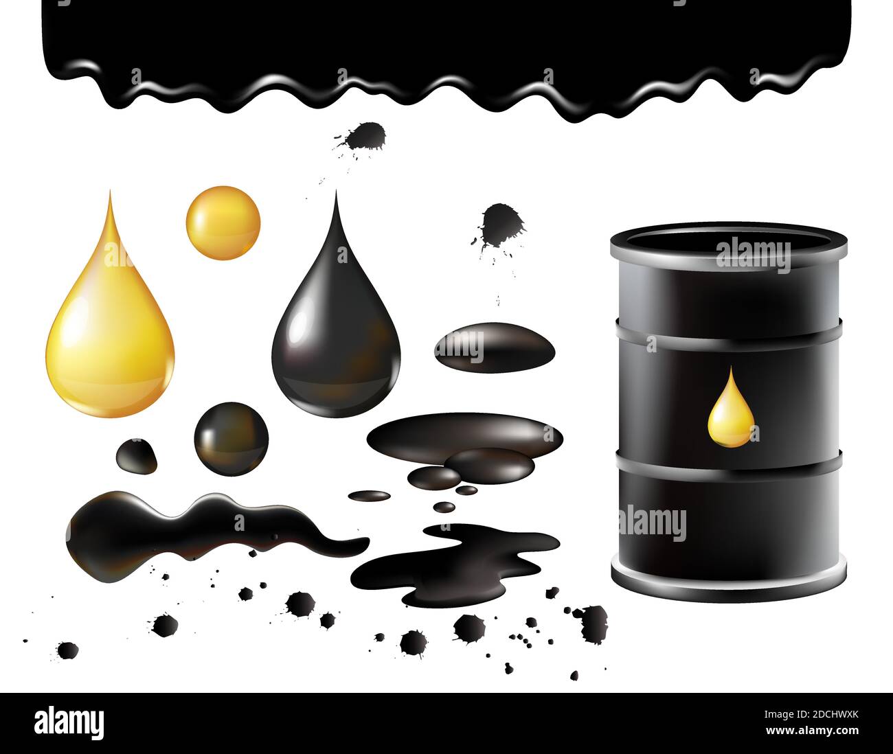 Petrol symbols vector illustration, oil black realistic black metal barrel with golden drop, petroleum industry objects isolated on white Stock Vector