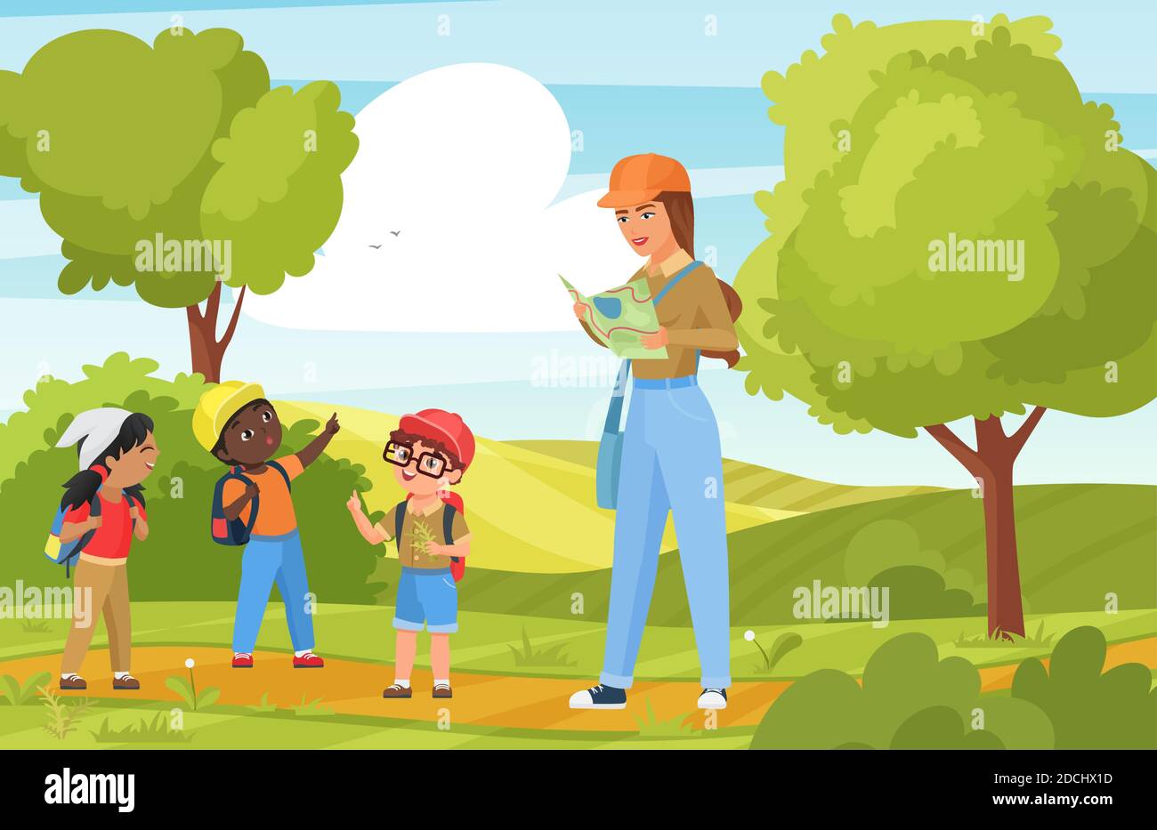 Children tourists walk and hike vector illustration. Cartoon woman hiker character holding map, active kids and teacher hiking in summer nature, outdoor trekking activity, happy childhood background Stock Vector
