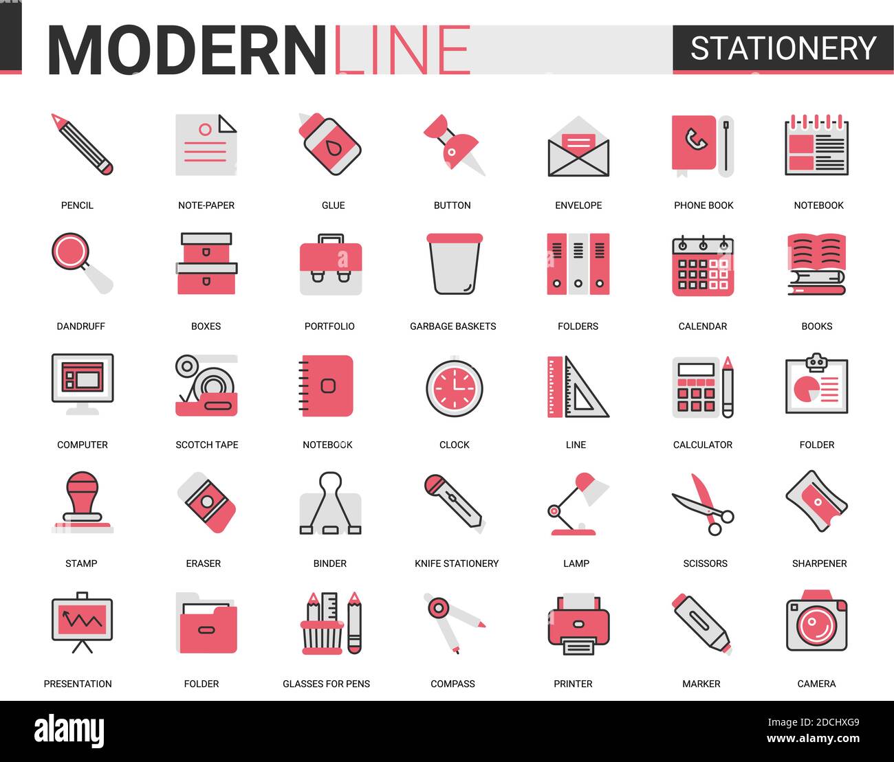 Stationery red black flat line icon vector illustration set. Linear school and business office supplies symbols collection with pen pencil scissors folder glue calculator calendar notebook book folder Stock Vector