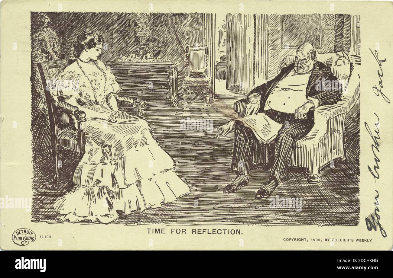 Time for reflection, Life Cartoons, still image, Postcards, 1898 - 1931 Stock Photo