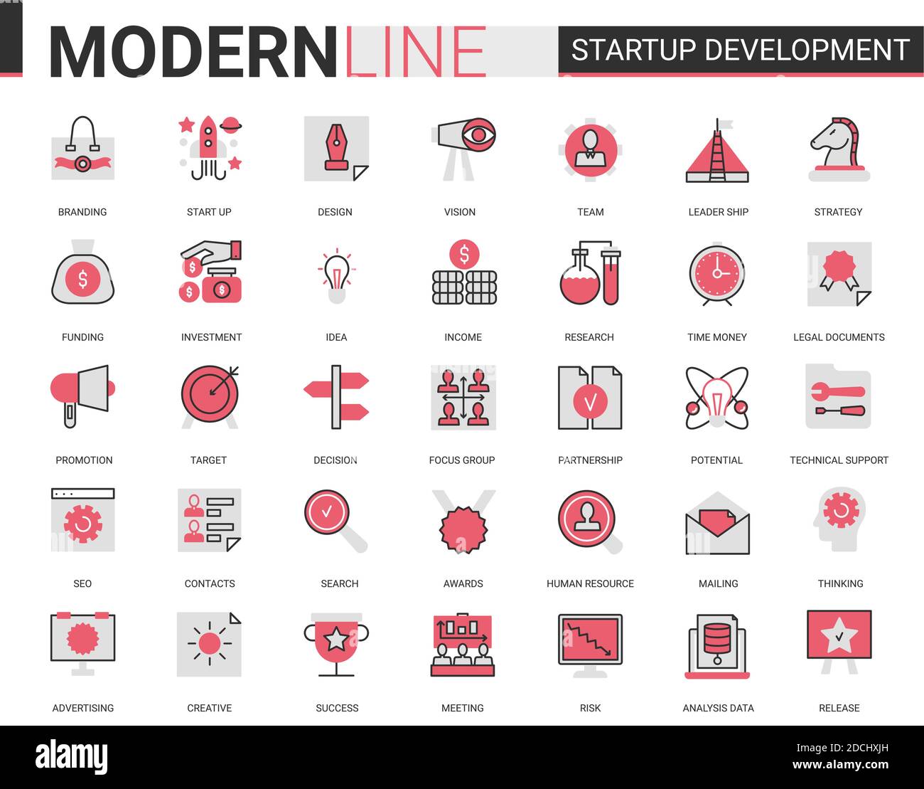Business startup development technology red black flat line icon vector illustration set. Outline successful business strategy for starting new project symbols with developing innovation idea research Stock Vector