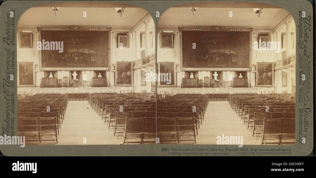 The cradle of liberty, interior, Faneuil Hall, Boston--scene of epoch-making meetings of two centuries., still image, Stereographs, 1850 - 1930, Underwood & Underwood Stock Photo