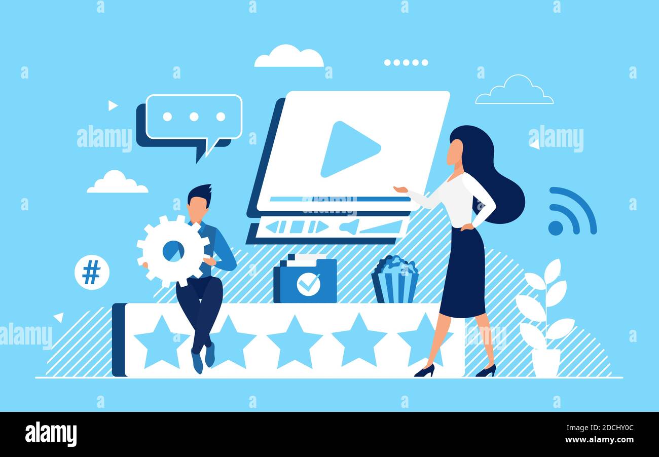 Video rate feedback concept vector illustration. Cartoon online promotion video presentation with tiny customer characters and experience rating stars, modern social media recommendation background Stock Vector Image & Art - Alamy Video rate feedback concept vector illustration. Cartoon online promotion video presentation with tiny customer characters and experience rating stars, modern social media recommendation background Stock Vector Image & Art - Alamy