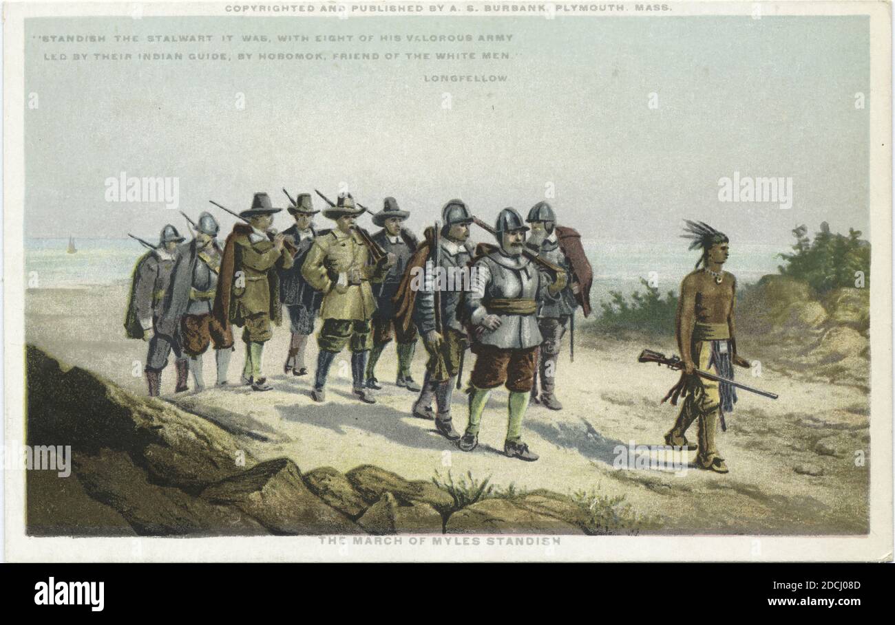 The March of Myles Standish, 'Standish the Stalwart it was, with Eight of his Valorous Army Led by Their Indian Guide, By Hobomok, Friend of the White Men.'  Longfellow, still image, Postcards, 1898 - 1931 Stock Photo