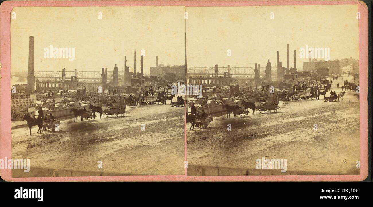 Buildings along the Merrimack River totally destroyed except for the chimneys., still image, Stereographs, 1882, Tennant, P. W. (fl. 1877-1879 Stock Photo