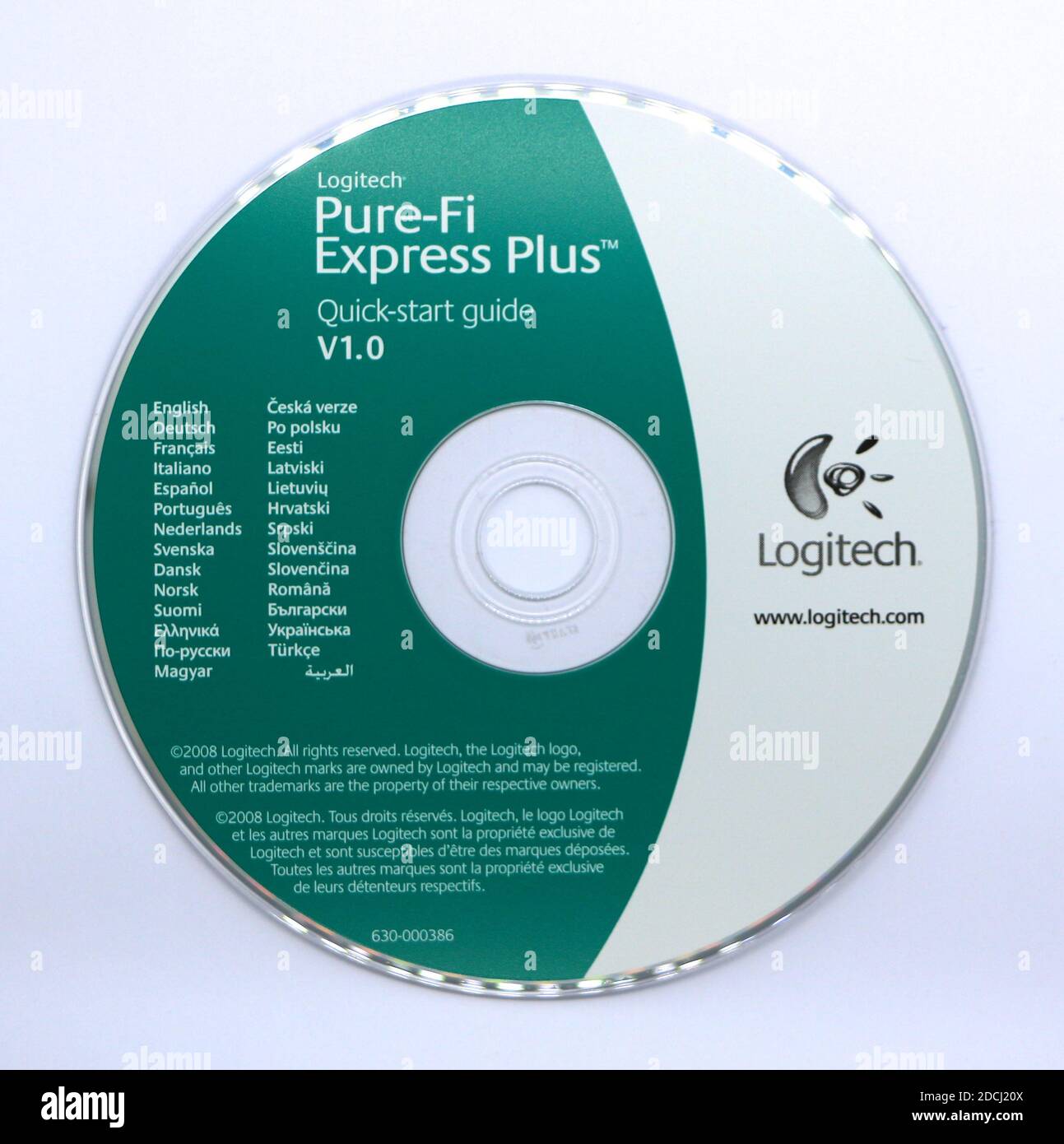 Photo of a Logitech Pure-Fi Plus guide on a cd for a set of plug in speakers Stock Photo - Alamy