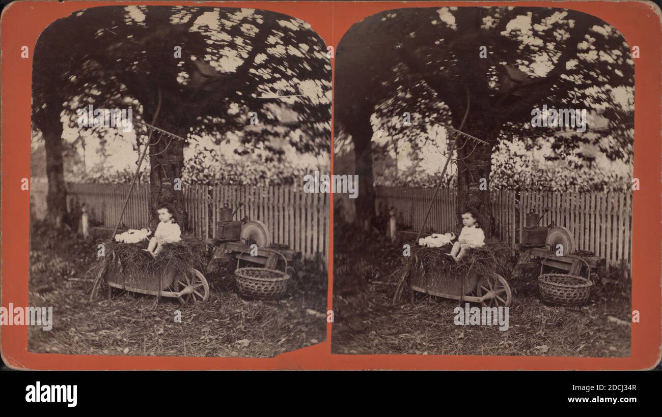 A child sitting in a wheelbarrow with her doll, ax sharpener, rake, basket and watering can nearby., still image, Stereographs, 1880, Hull, Chas. (Charles G Stock Photo