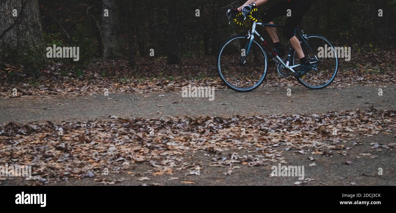 A person riding a bicycle on a pathed pack through the park with fallen leaves. Stock Photo