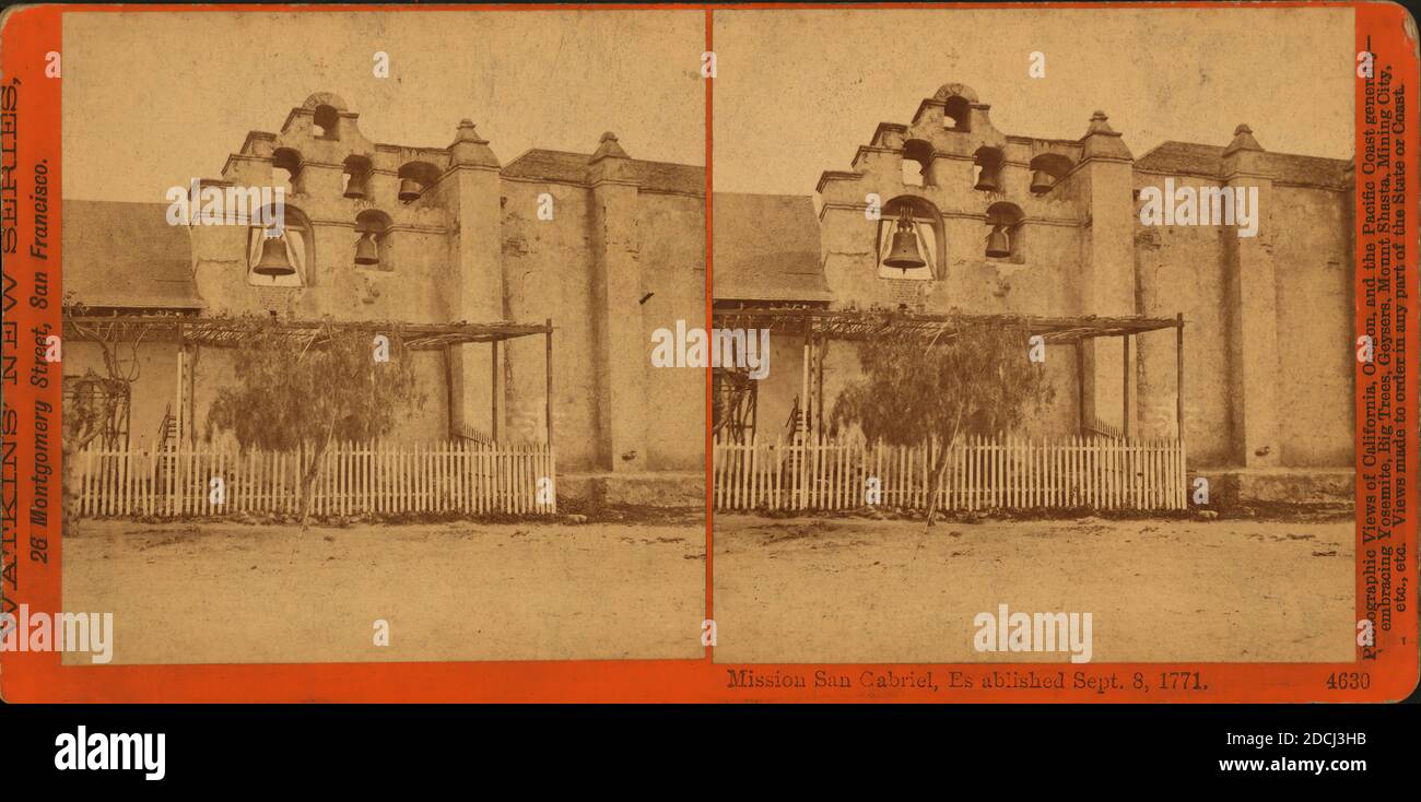 Mission San Gabriel, Estab. Sept. 8th, 1771.., still image, Stereographs, 1880, Watkins, Carleton E. (1829-1916 Stock Photo