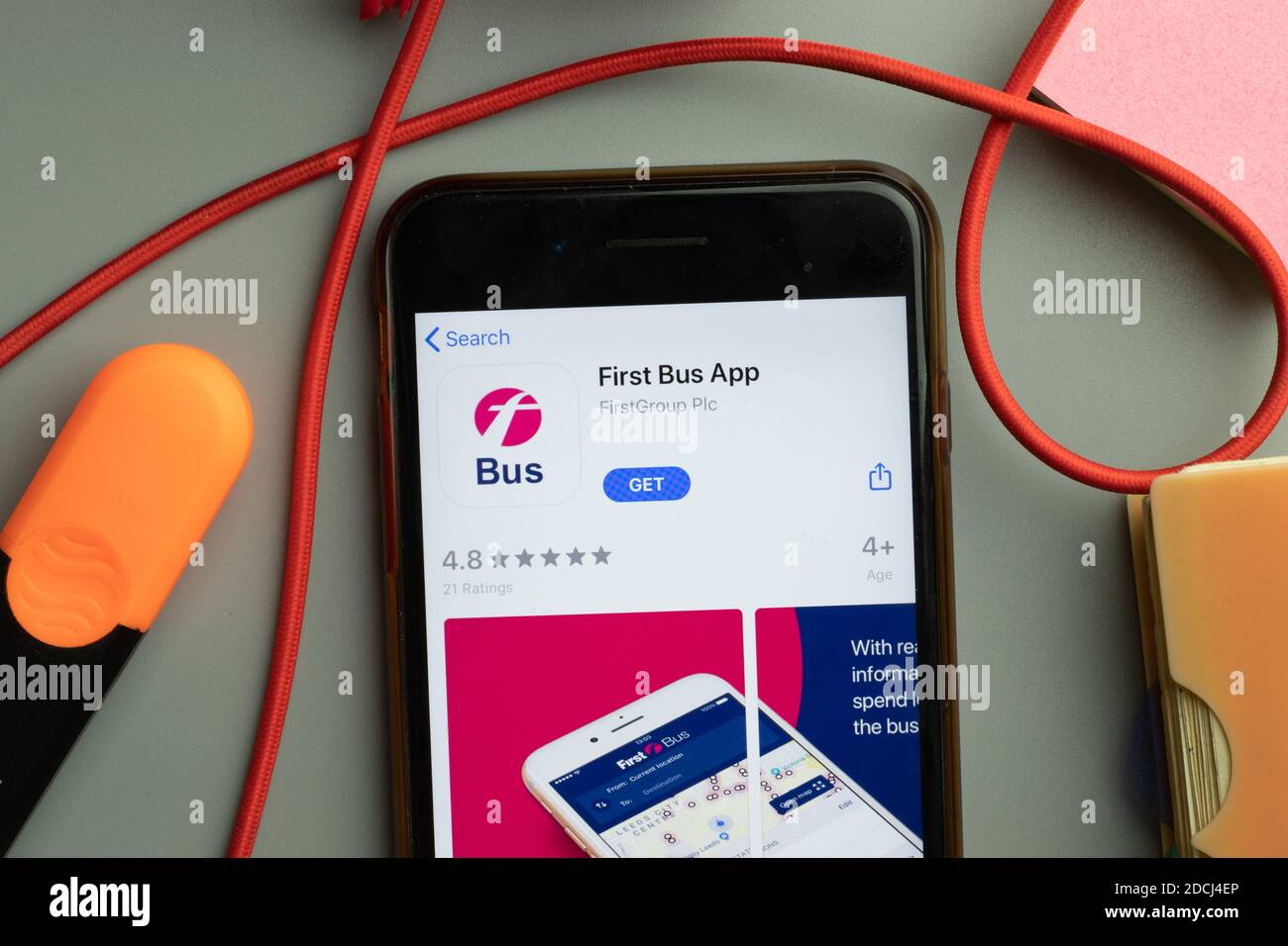 New York, United States - 7 November 2020: First Bus App app store logo on phone screen, Illustrative Editorial. Stock Photo