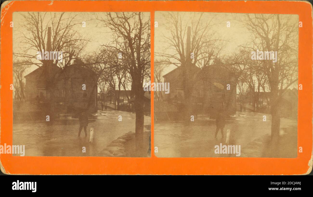 Man stading ankle deep in water on a flooded street., still image, Stereographs, 1850 - 1930, Simpson, photographer (fl. ca. 1880s Stock Photo