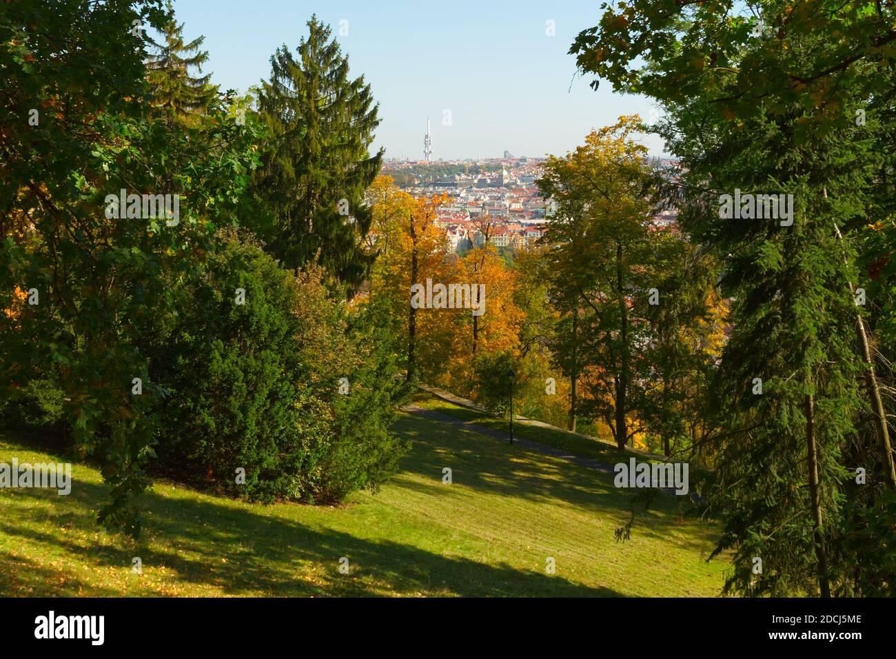 A magnificent autumn park in Prague. Park on Petrin hill. Stock Photo