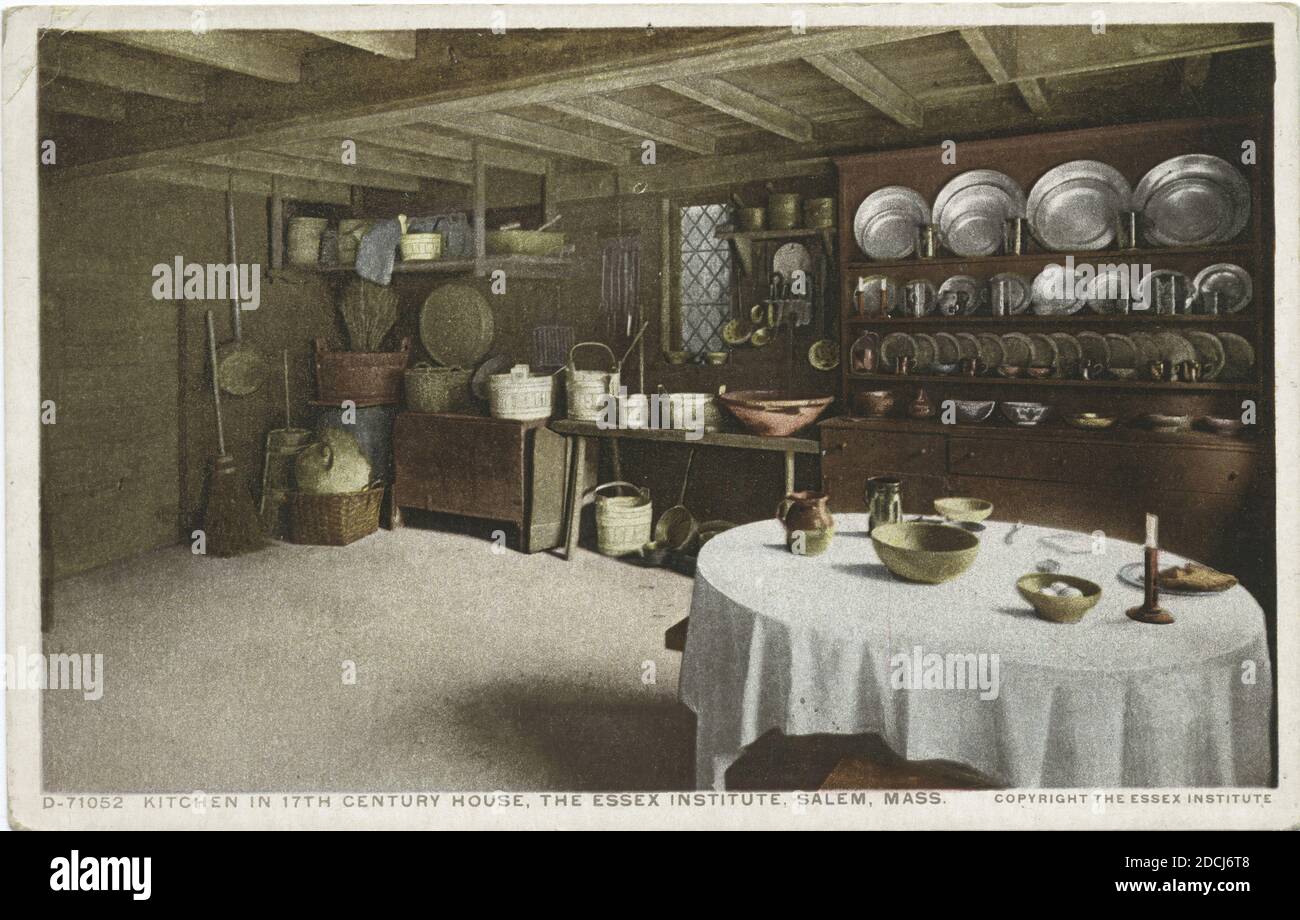 Kitchen, in 17th Century House, Essex Institute, 1684, Salem, Mass., still image, Postcards, 1898 - 1931 Stock Photo