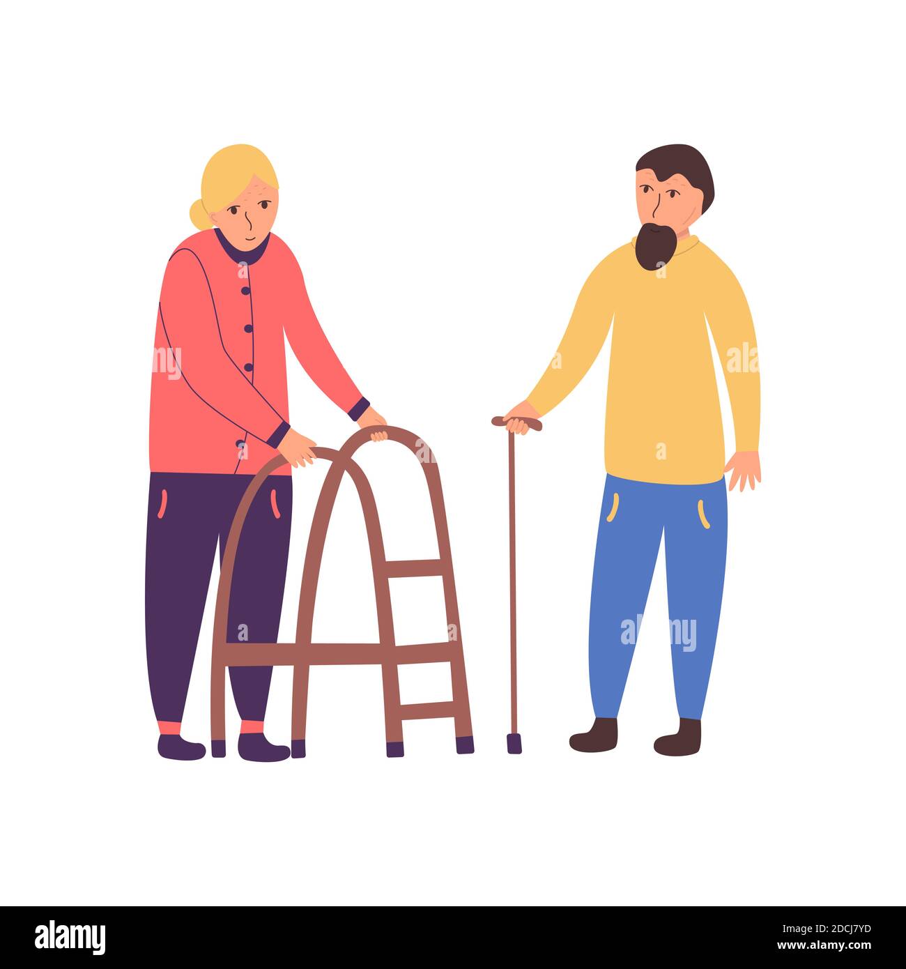 Couple of seniors. Grandmother and grandfather with a cane. People with disabilities. Vector isolated illustration in cartoon style Stock Vector