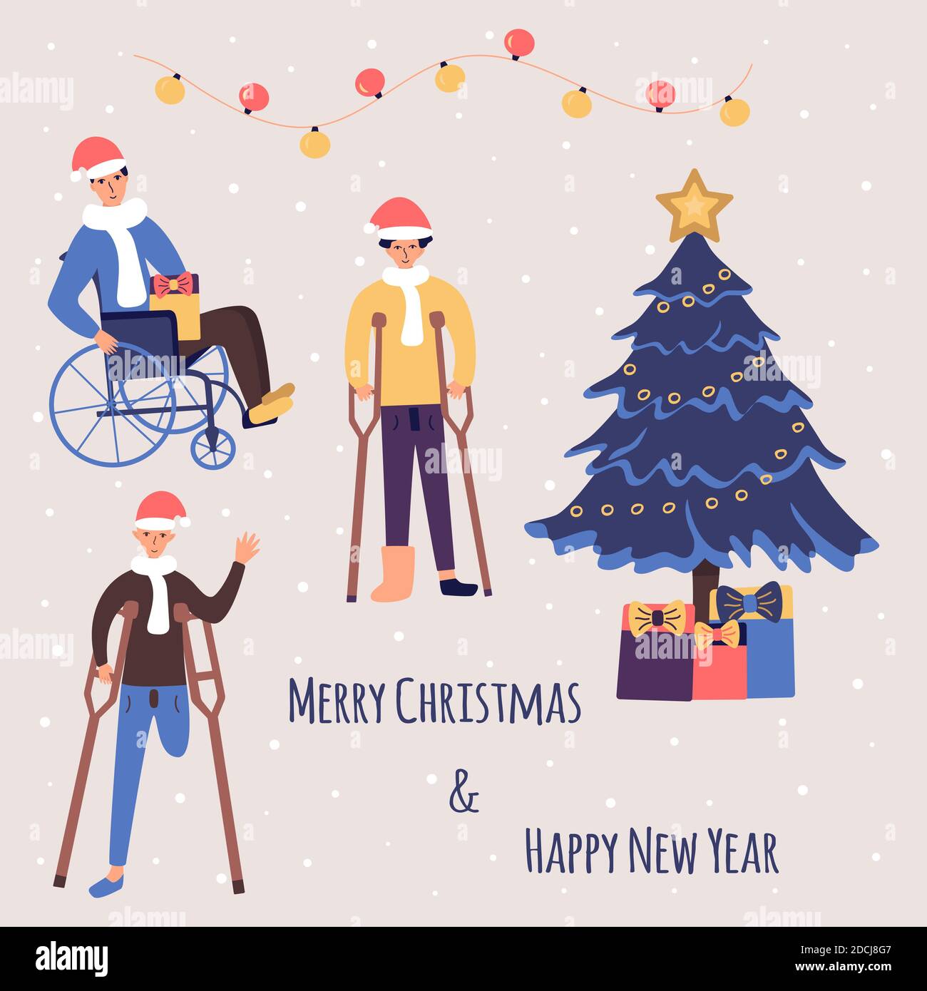 Disabled people are celebrating Christmas and New Year and smile happily. Guy in a wheelchair, guy with an amputated leg, guy in a cast on crutches. C Stock Vector