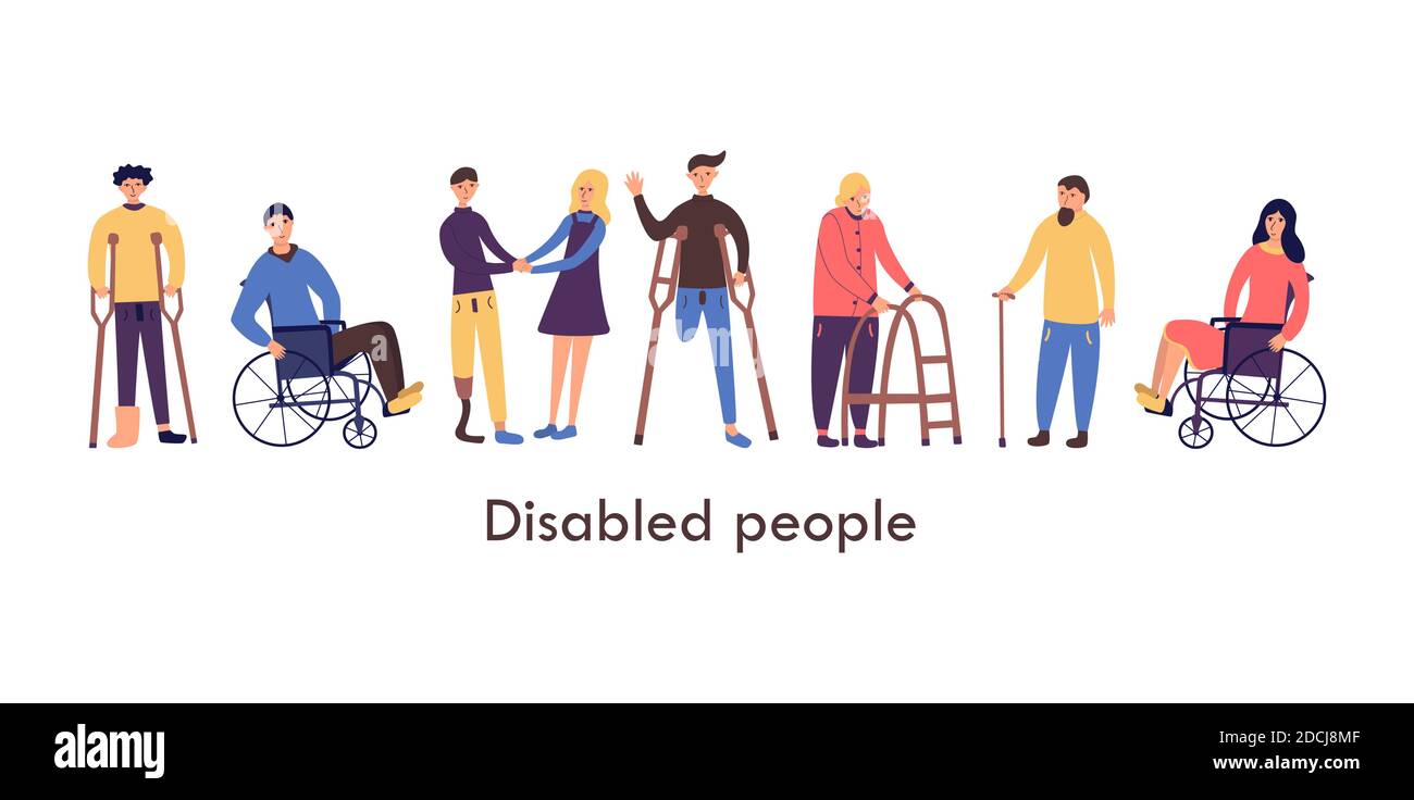 Disabled people. Young and senior. Couple of seniors. Man and woman in wheelchairs, man with cast, guy with an amputated leg on crutches, guy with pro Stock Vector