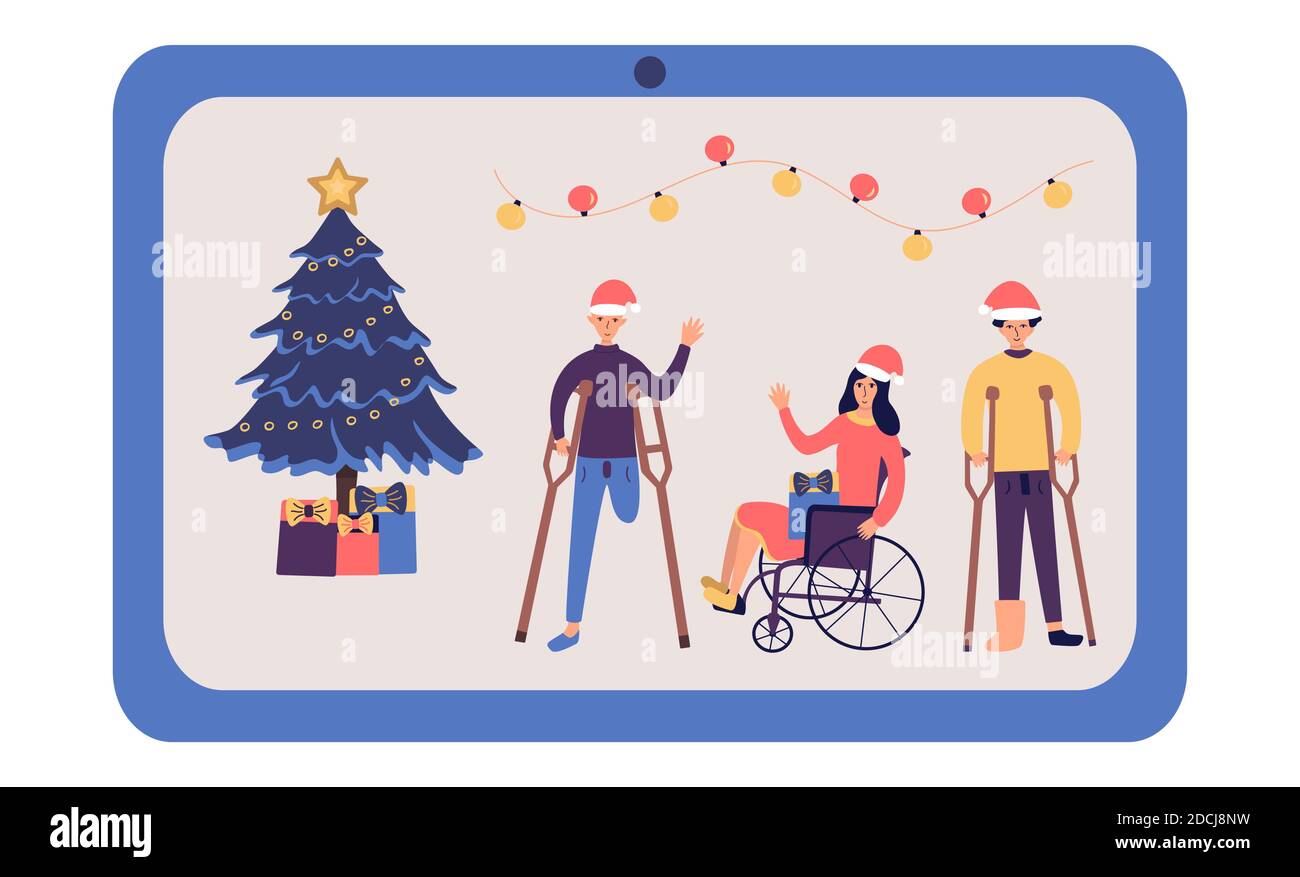 Disabled people are celebrating Christmas and New Year online and smile happily. Girl in a wheelchair, guy with an amputated leg, guy in a cast on cru Stock Vector