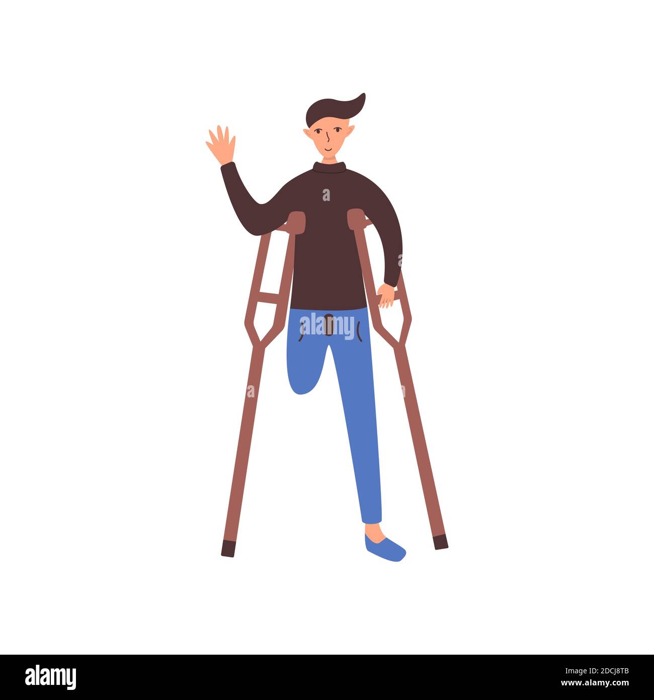 Man with an amputated leg on crutches smiles and waves. Disabled person. Vector isolated illustration in cartoon style Stock Vector