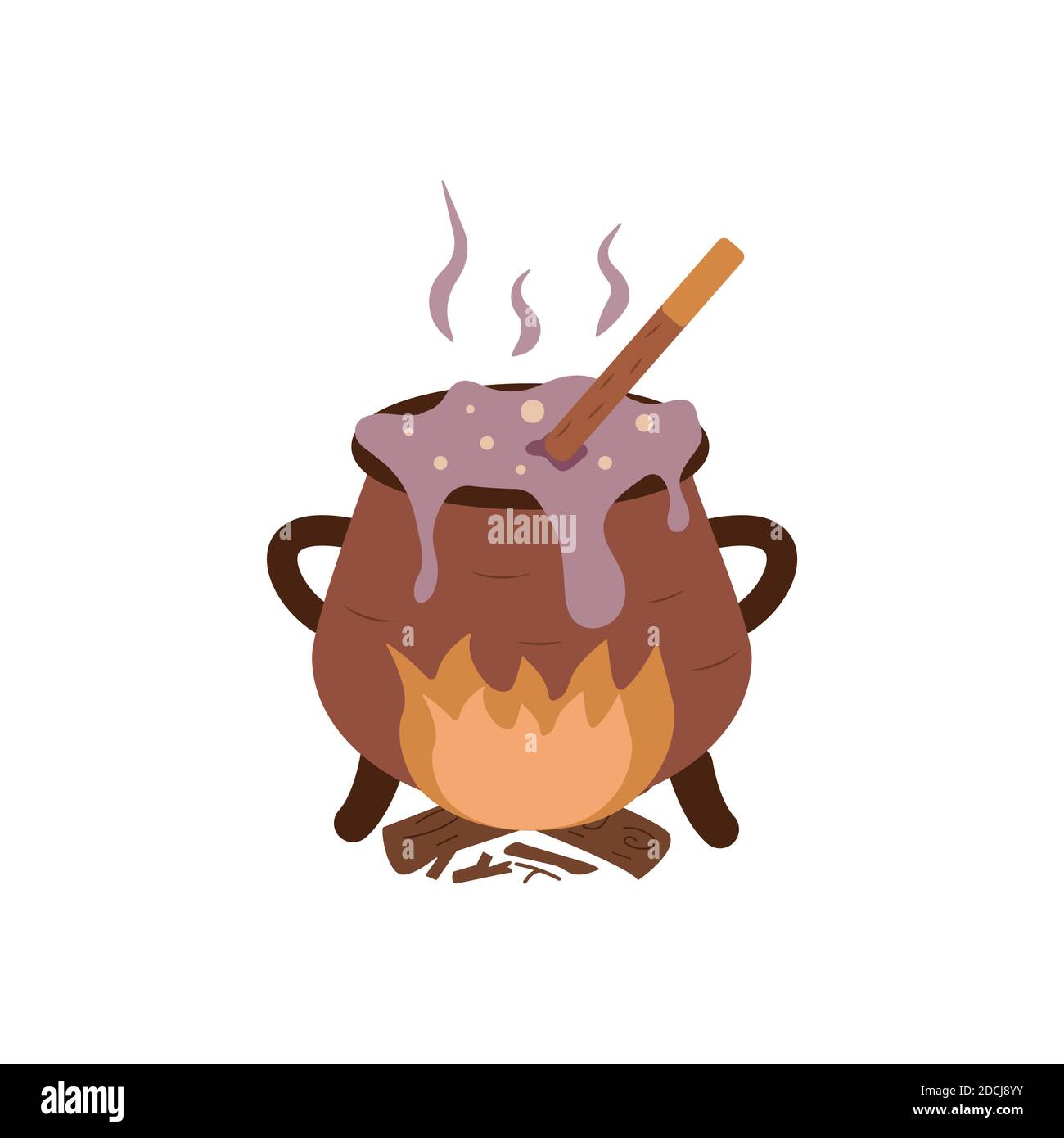 Potion is brewed in a cauldron on the fire. Illustration happy halloween concept cartoon vector Stock Vector