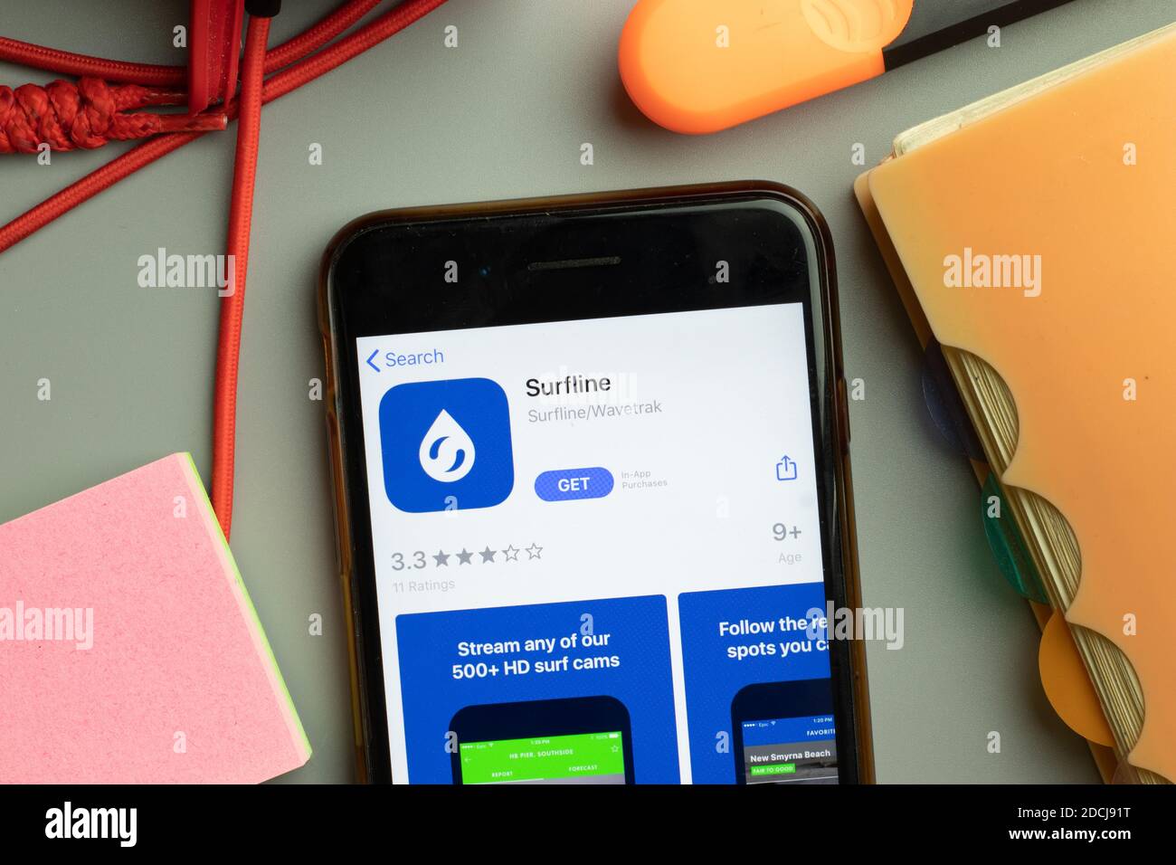 New York, United States - 7 November 2020: Surfline app store logo on phone screen, Illustrative Editorial. Stock Photo