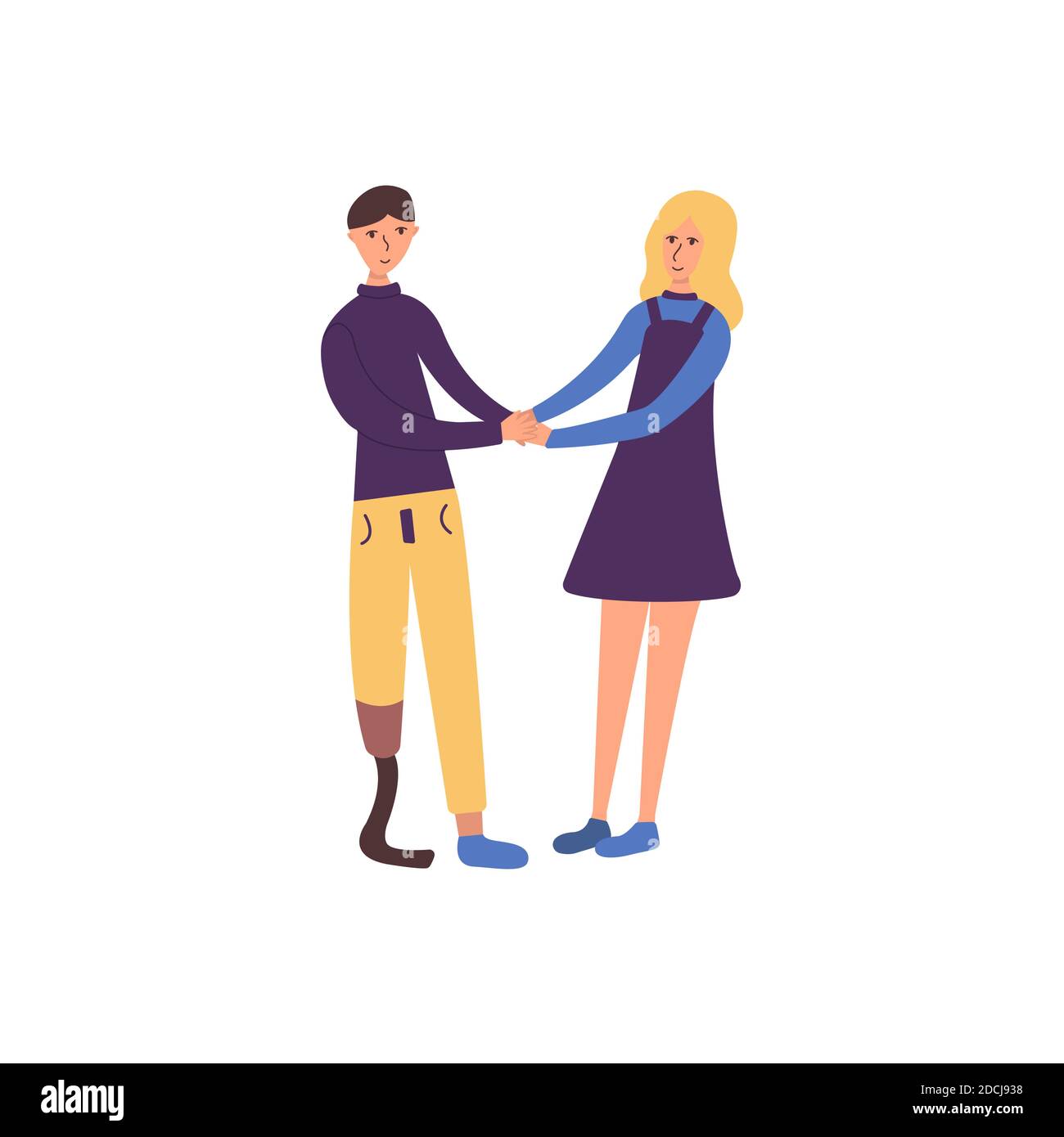 Guy with a prosthetic leg is holding hands with his girlfriend and smiling. Couple in love. Disabled person. Vector isolated illustration in cartoon s Stock Vector