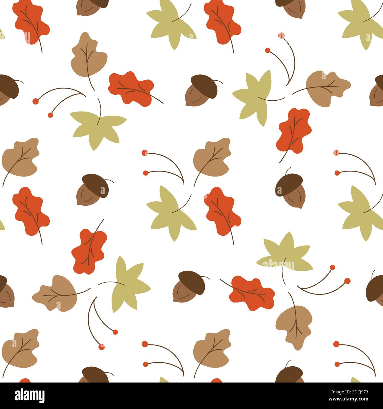 Seamless pattern with autumn leaves, rowan twigs, acorns on a white ...