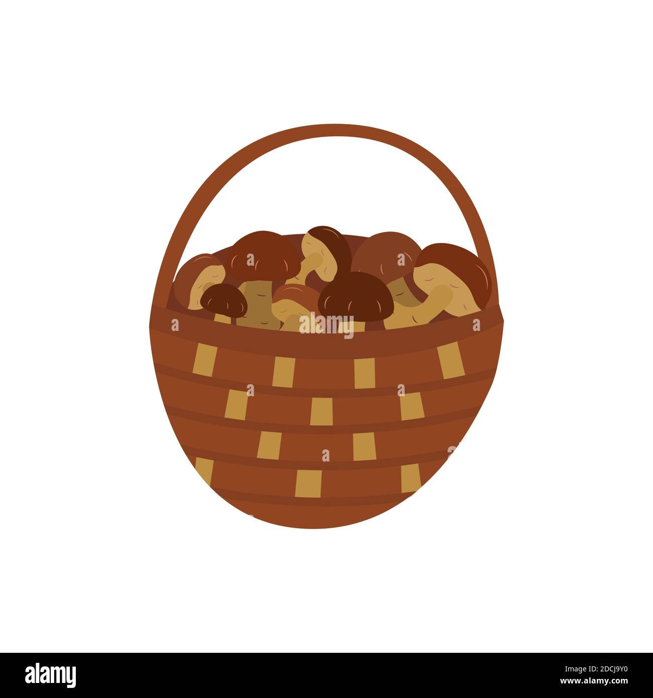 Wicker basket with mushrooms, autumn harvest in the forest. Colorful vector isolated illustration on white background cartoon style Stock Vector